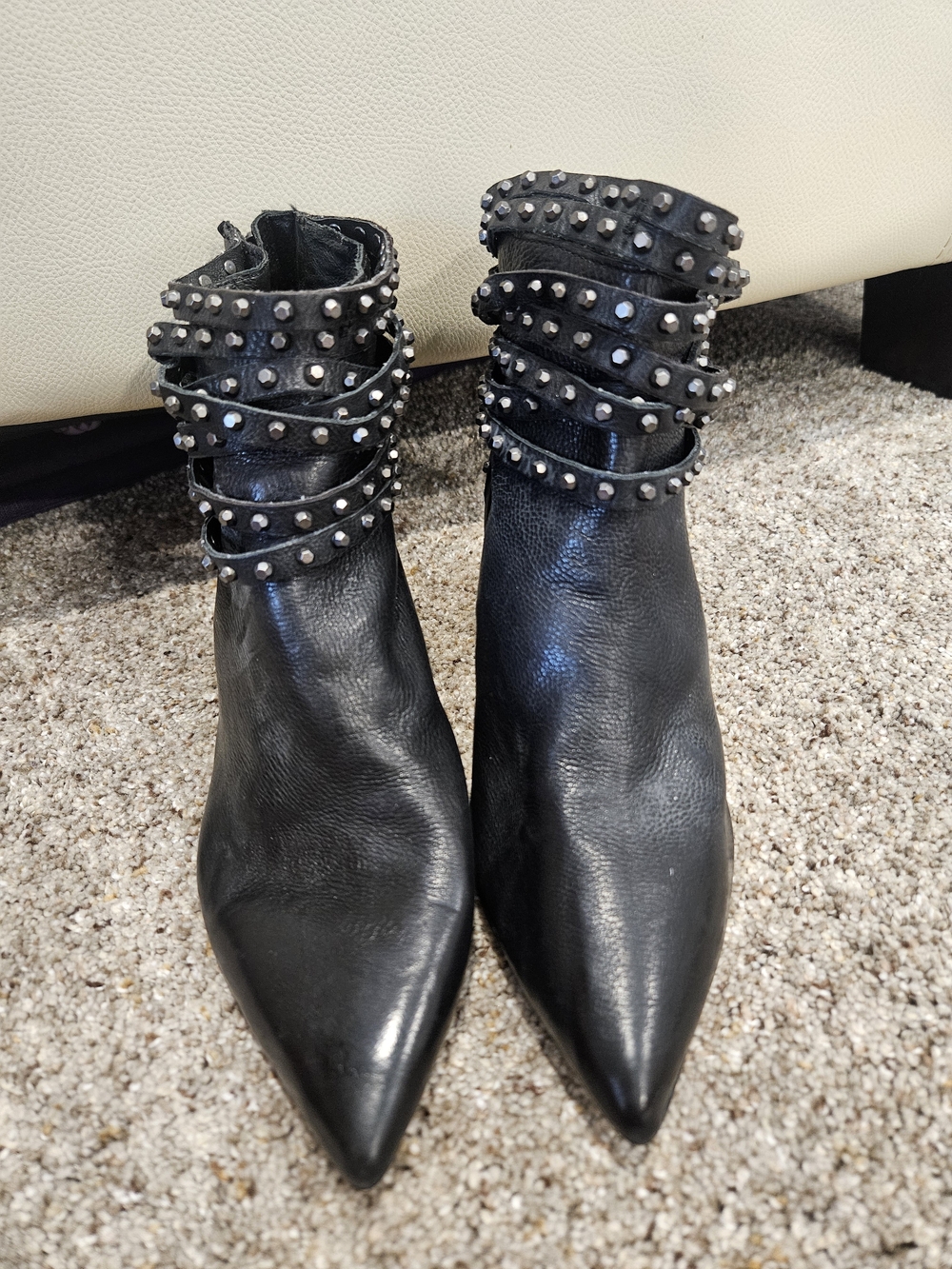 ASH Black Pointed-Toe Ankle Booties with Studded Wrap Straps. Smoke Pet Free Hom